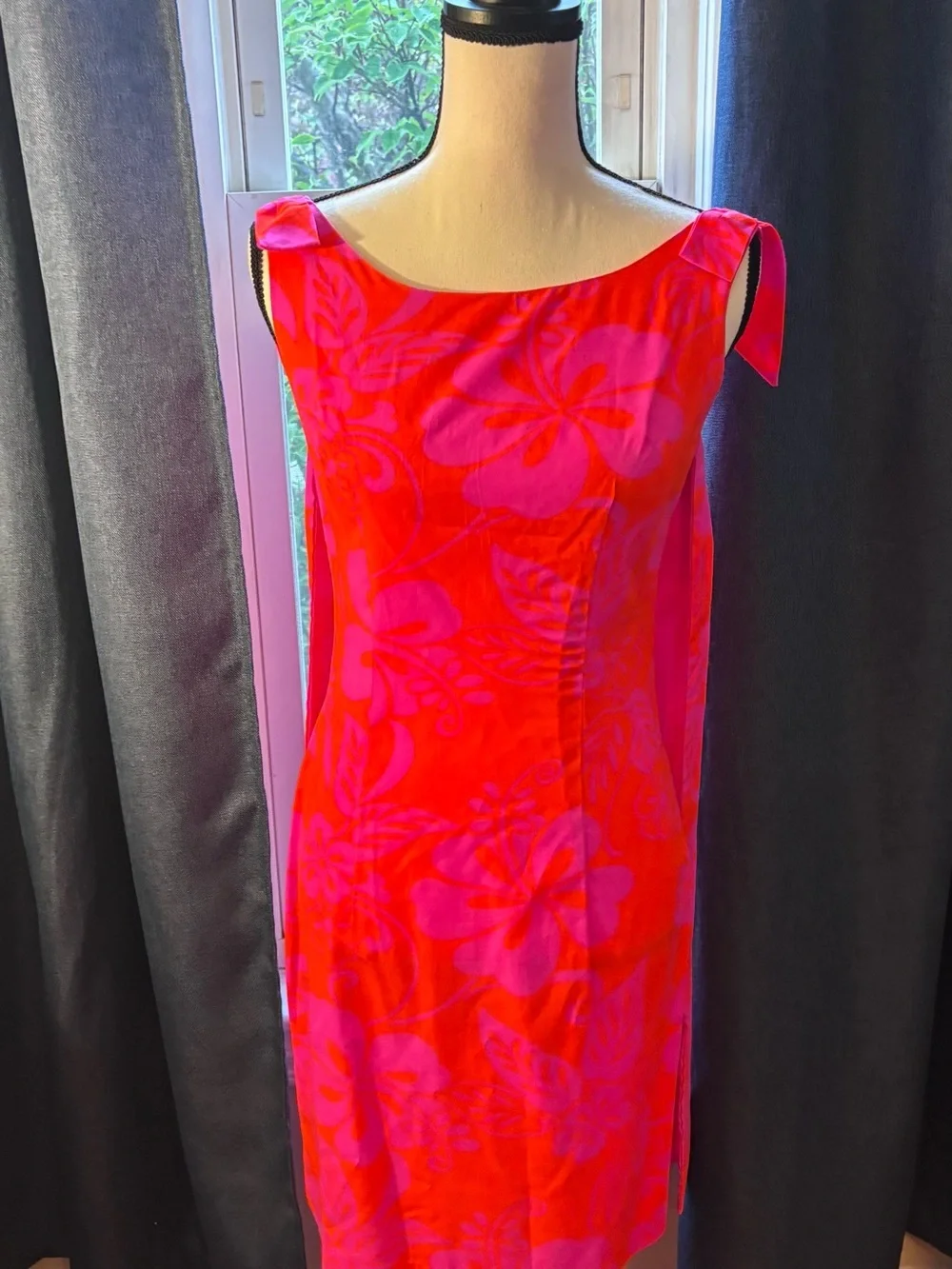 Vintage Vibrant Pink and Orange Floral Midi Dress w/Tie-Shoulder Detail -Size 8